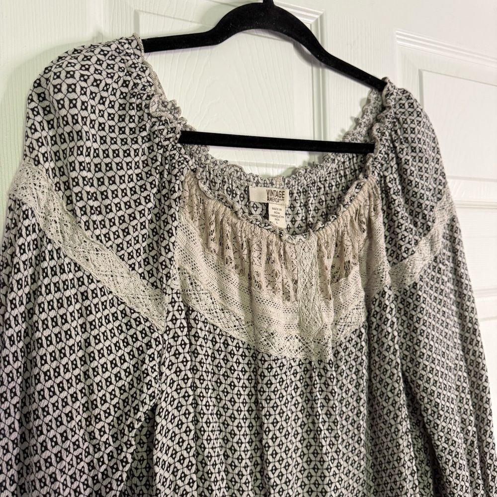 Vintage America Blues Women's Lagenlook Cream Blouse with Lace Details L - Picture 6 of 8